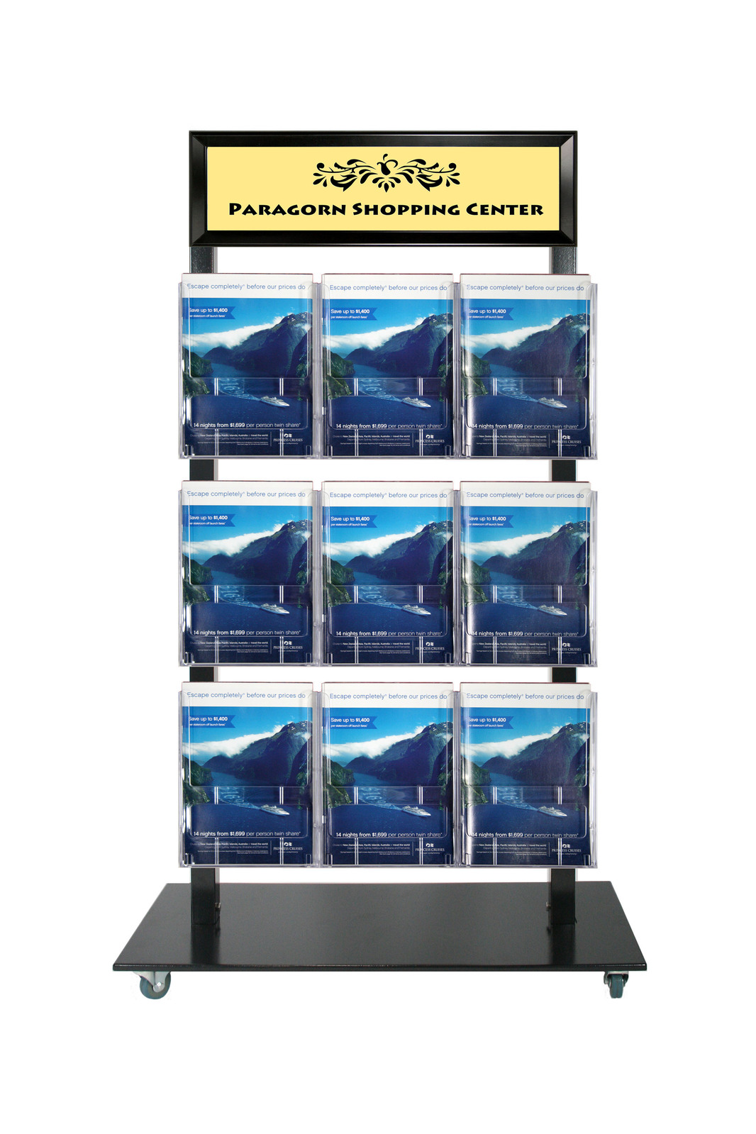 Black Mall Stand - Snap Header with 9 A4 Brochure Holders 