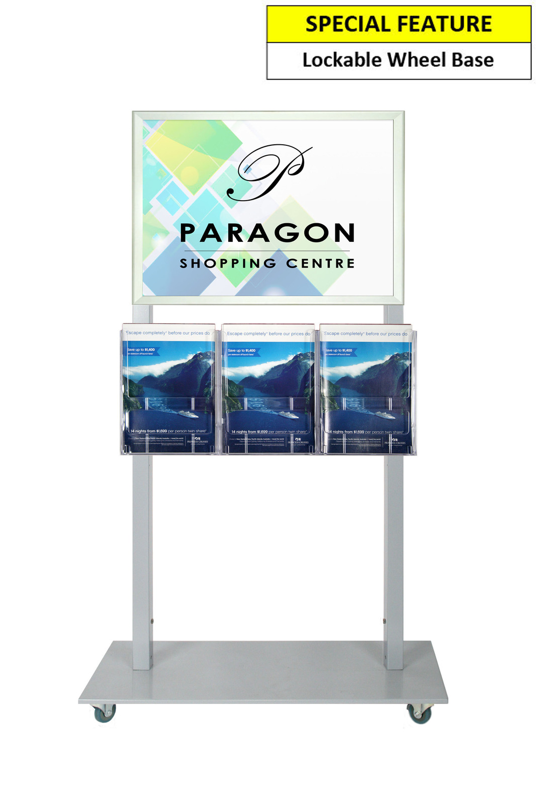Silver Mall Stand - A2 Snap Frame with 3 A4 Brochure Holders